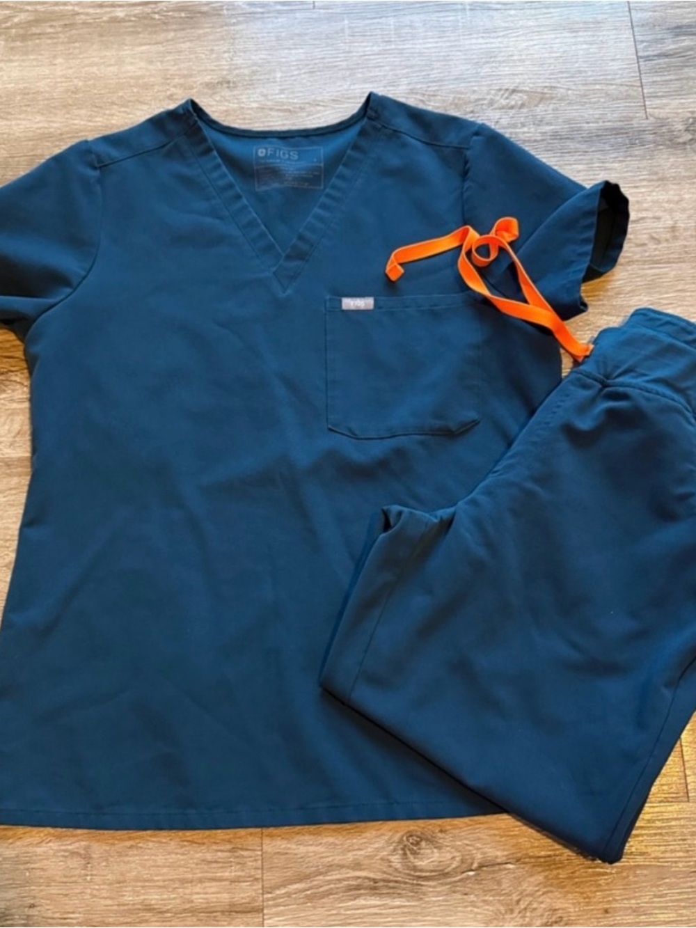 Figs Navy Scrub Set with Bright Orange Drawstring